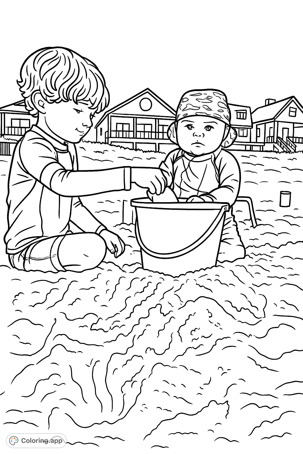 Capture the joy of a beach day with two children playing in the sand. A delightful scene for all ages to color and enjoy.