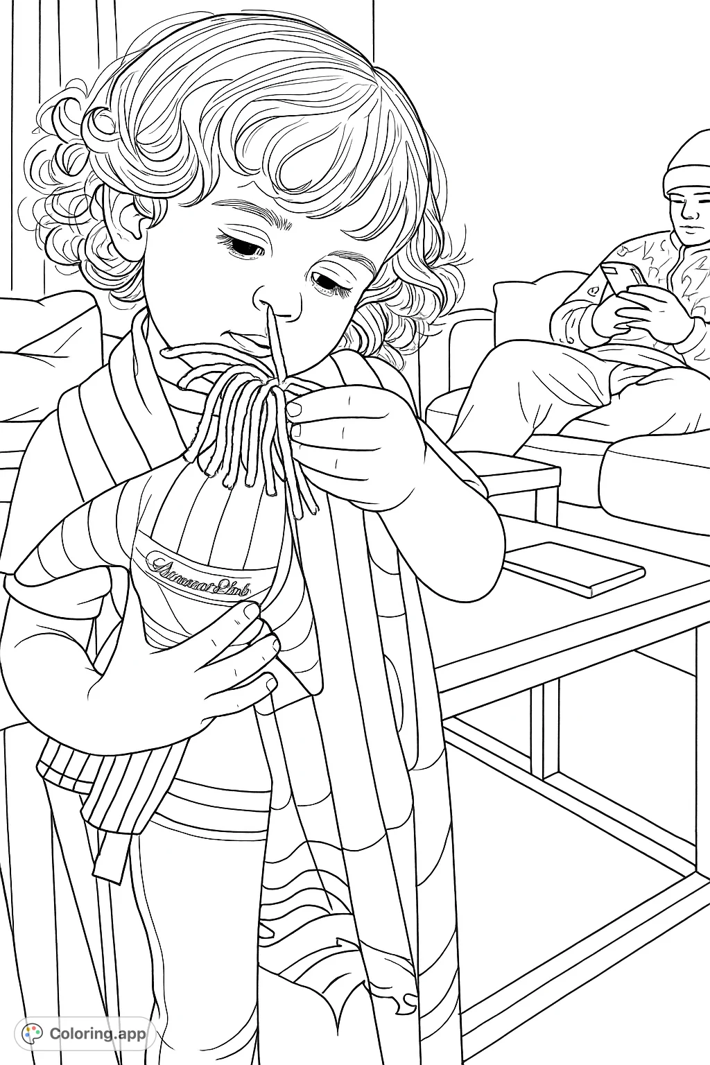 A charming coloring page featuring a child engrossed with a striped doll and a patterned scarf, set in a cozy indoor scene. Perfect for creative expression.