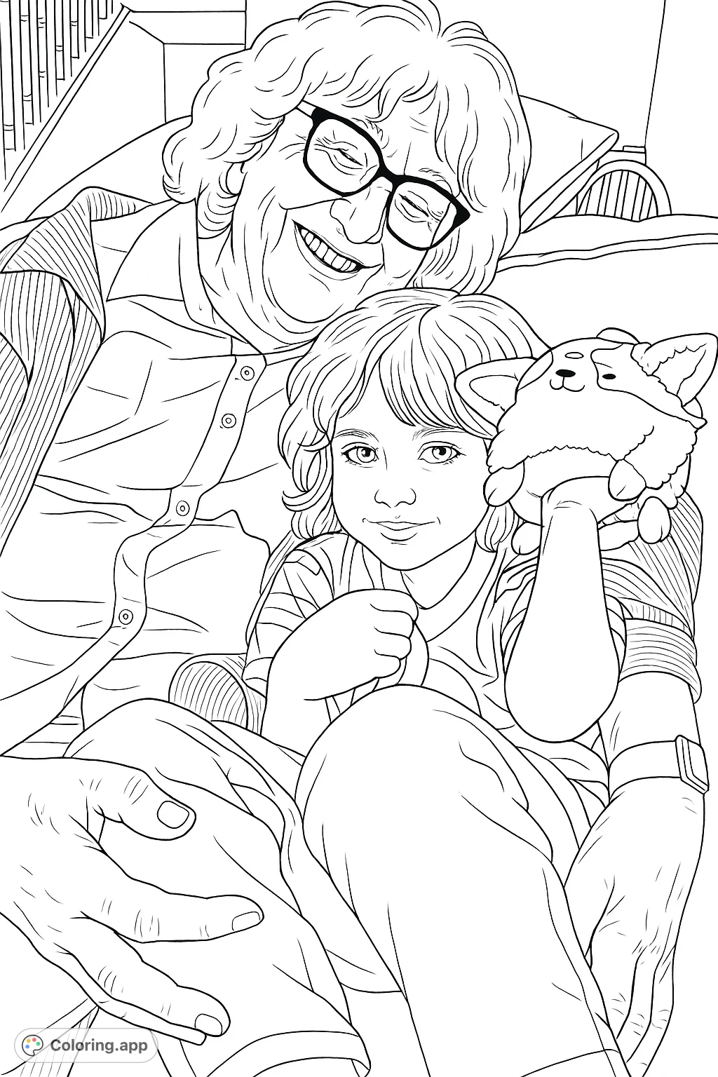 A heartwarming coloring page featuring an older woman and a young child sharing a joyful moment, with the child holding a plush toy. Perfect for family themes.