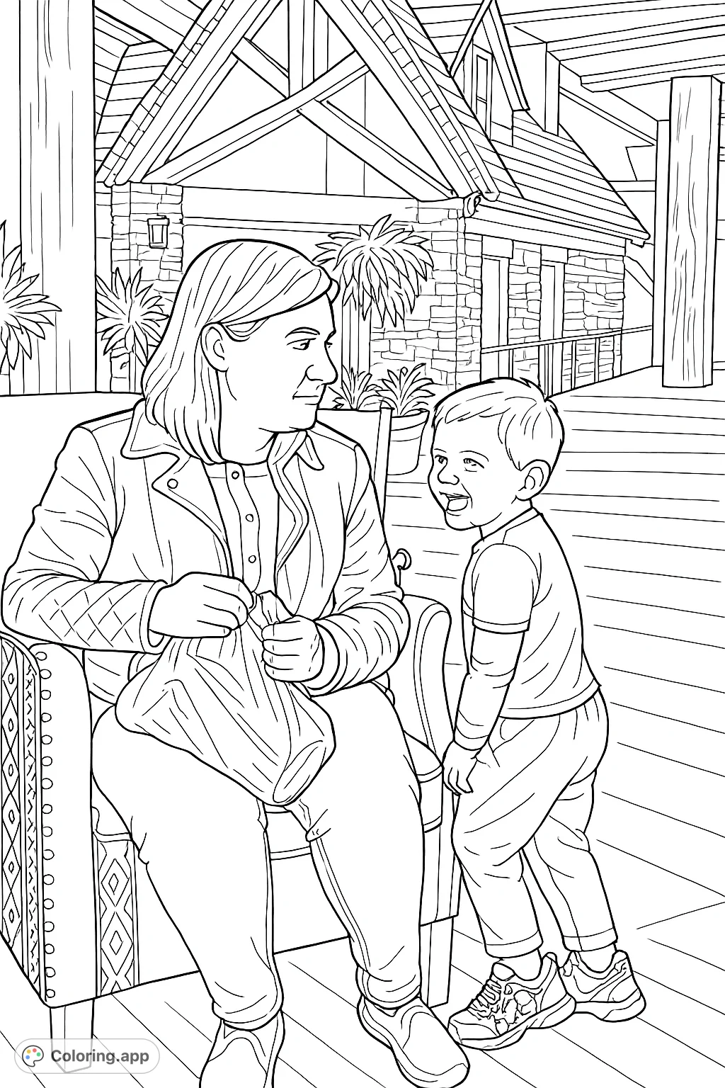 Capture a heartwarming moment between a mother and her laughing child in a cozy lodge setting. A detailed family coloring page for all ages.