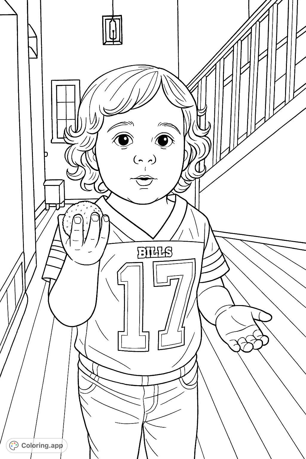 A delightful coloring page featuring a young child in a sports jersey, holding a tasty treat. Perfect for little fans and sweet moments.