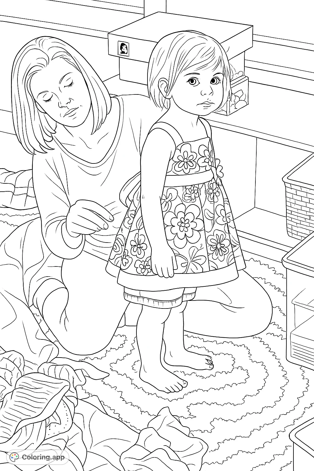 Capture a tender moment between a mother and child, featuring a child in a patterned dress and an adult adjusting clothing, set indoors on a textured rug.