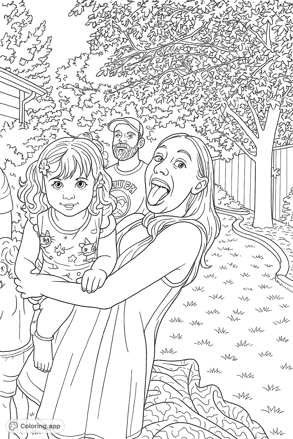 Capture a joyful backyard scene with a young woman holding a child, both making funny faces. Perfect for a fun family coloring page.