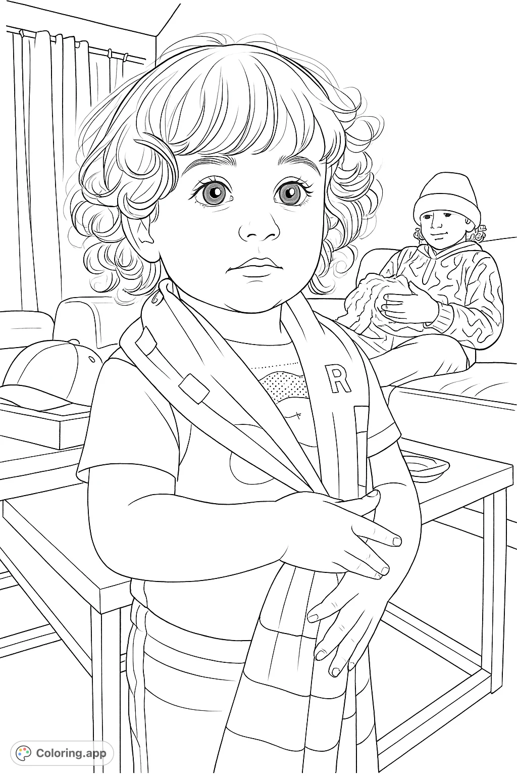 A charming coloring page featuring a sweet child with curly hair and a striped scarf, standing in a cozy indoor setting. Perfect for young artists.