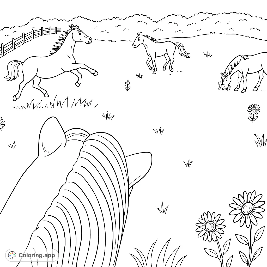 A delightful scene of horses in a spacious field, with one in the foreground and others playing and grazing. Perfect for animal lovers.