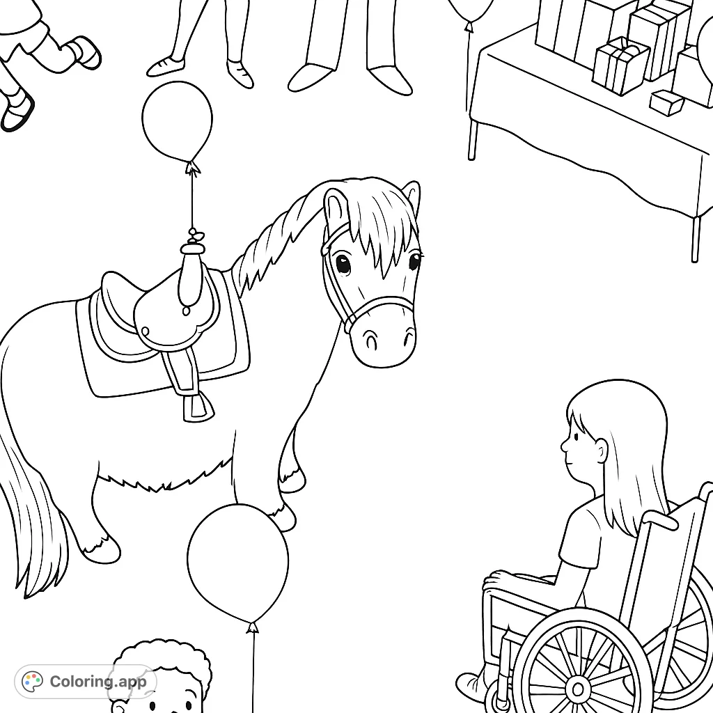 A delightful pony at a festive outdoor gathering, complete with balloons, gifts, and friends. Perfect for a fun coloring adventure!
