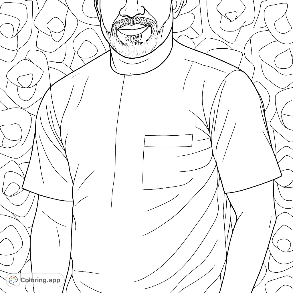 Color a distinguished man in a traditional tunic with a textured beard and an abstract patterned background. A unique cultural and artistic experience.
