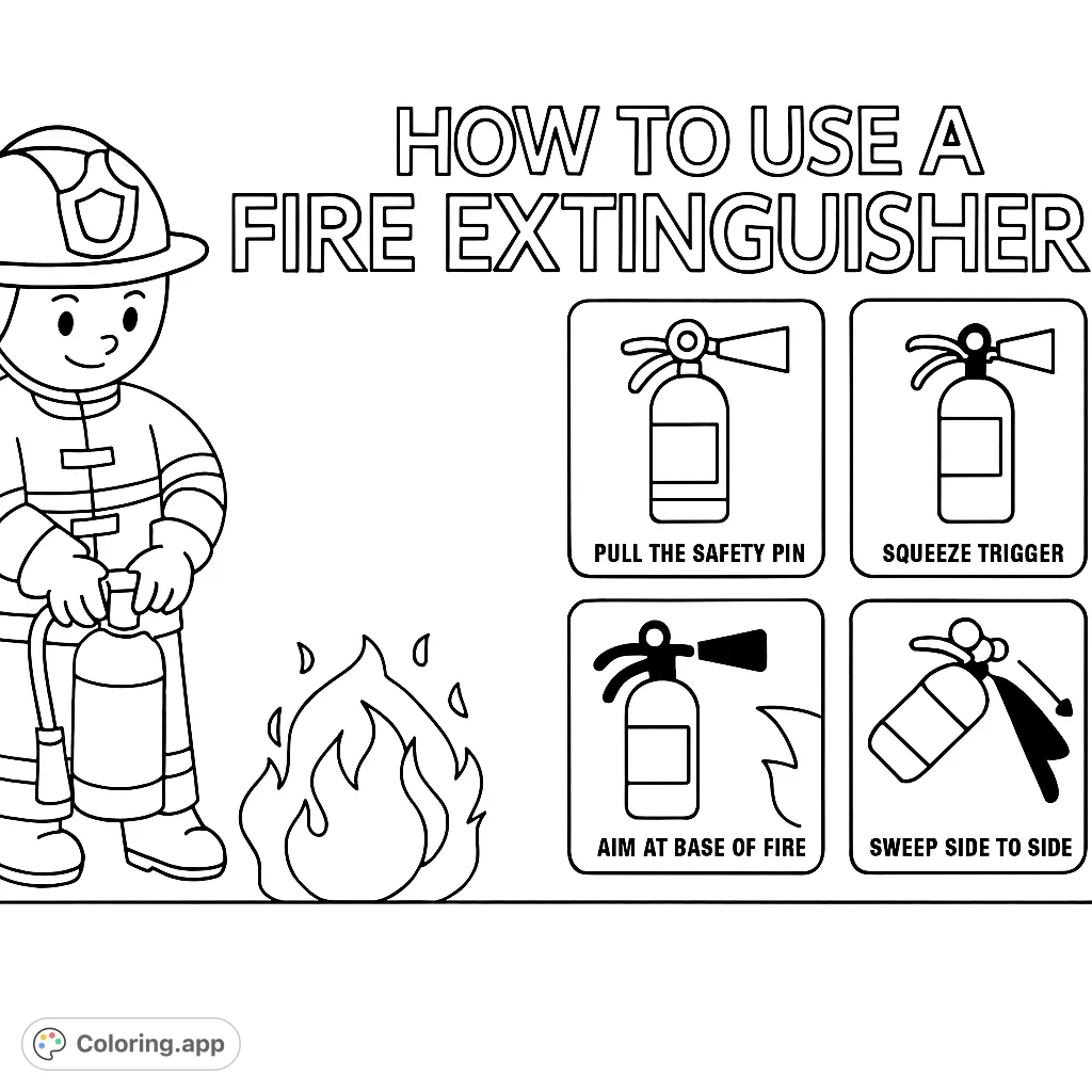 A brave firefighter demonstrates how to use a fire extinguisher, with clear step-by-step instructions for fire safety. A vital educational coloring page.