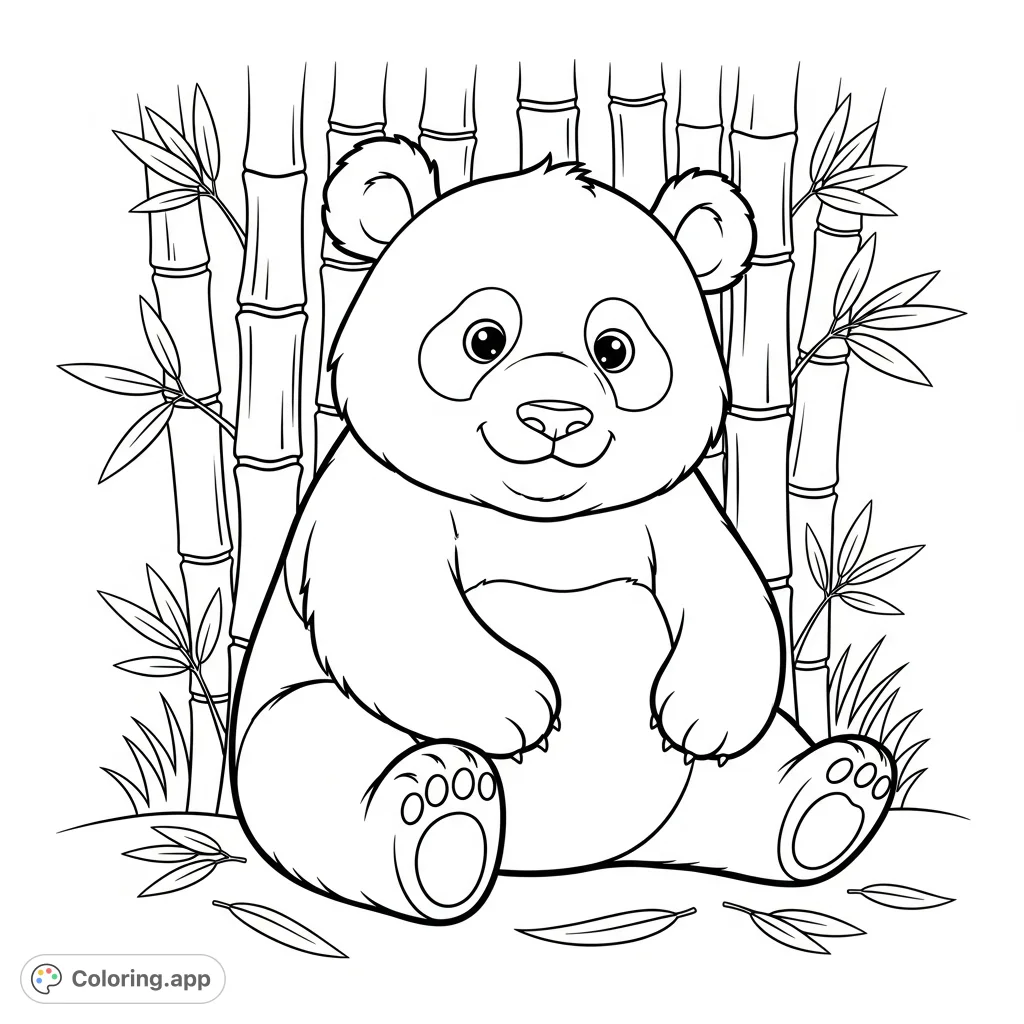 A charming panda with large eyes and a big head sits peacefully among bamboo stalks, perfect for a relaxing and adorable coloring page experience.