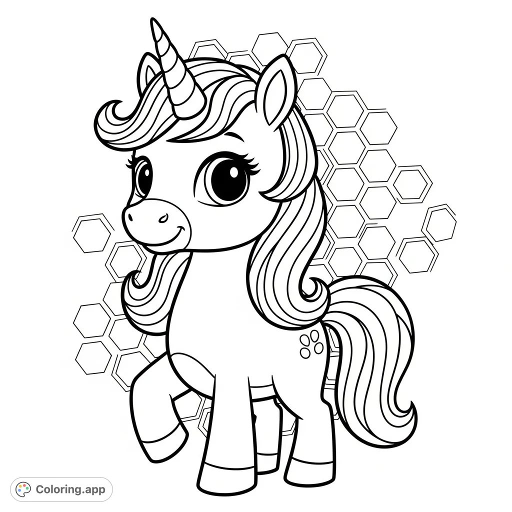 Discover a delightful unicorn coloring page featuring a charming unicorn standing upright with big eyes, a flowing mane, and a spiraled horn.