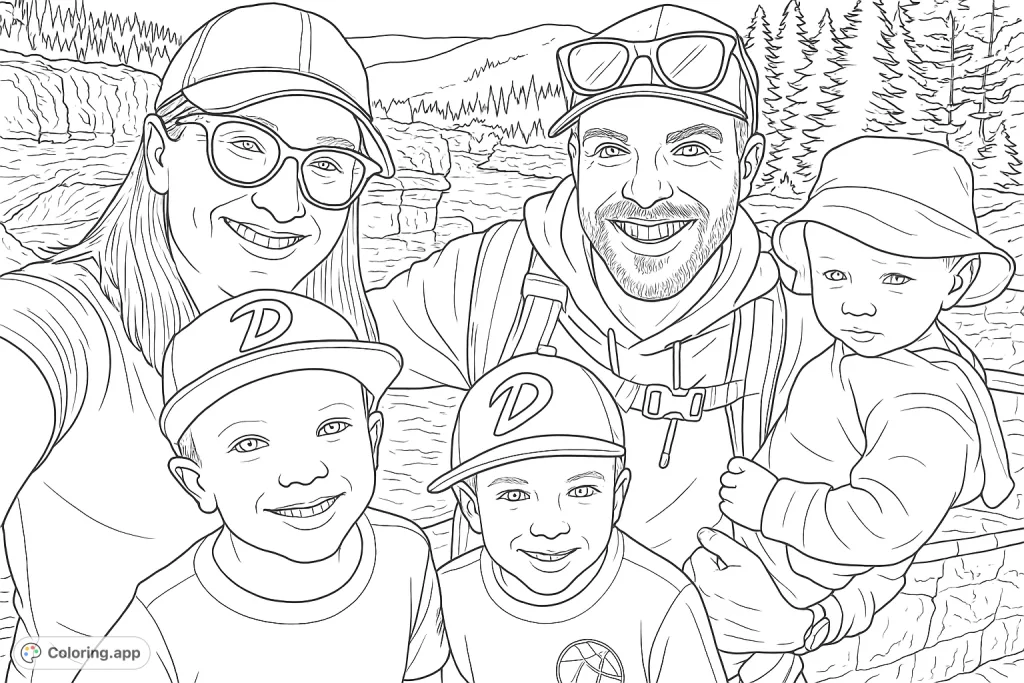 A joyful family of four on an outdoor adventure, posing by a scenic river with rocky cliffs and forested hills. Perfect for a family-themed coloring page.