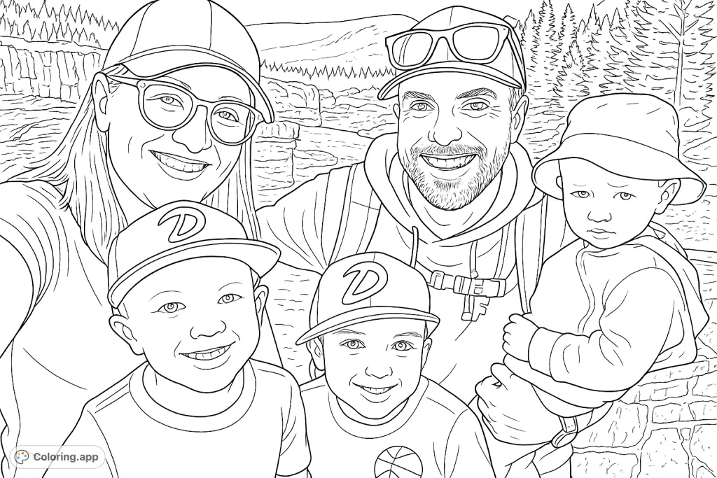 A happy family of five enjoying an outdoor adventure by a scenic river, surrounded by nature's beauty. Perfect for family-themed coloring fun.