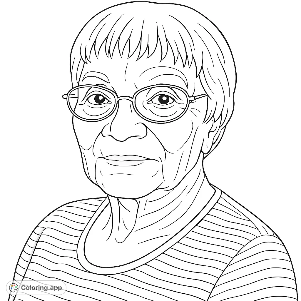 A serene portrait of a wise elder woman, featuring her gentle expression, textured hair, and glasses. A thoughtful and respectful coloring experience.