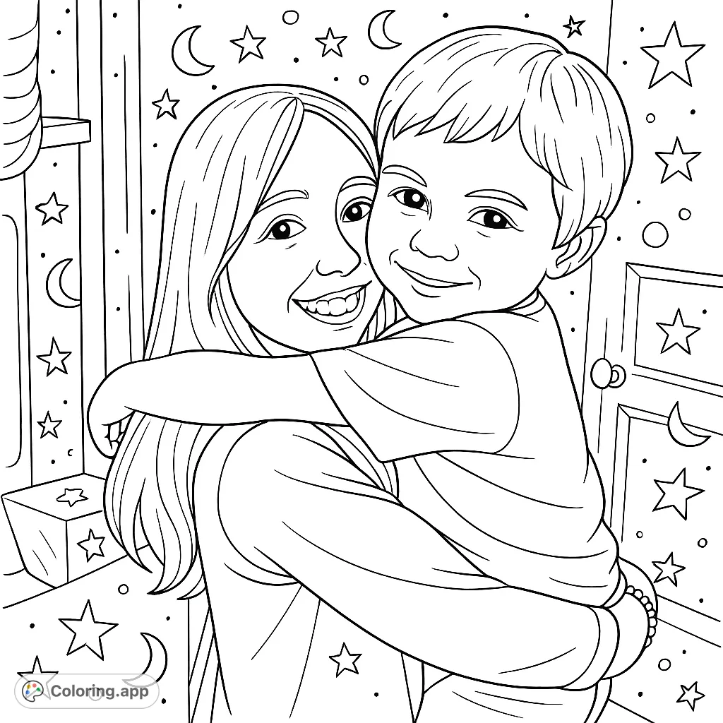 Capture the warmth of a sibling embrace with this charming coloring page. Features two smiling children hugging, surrounded by whimsical stars and celestial patterns.