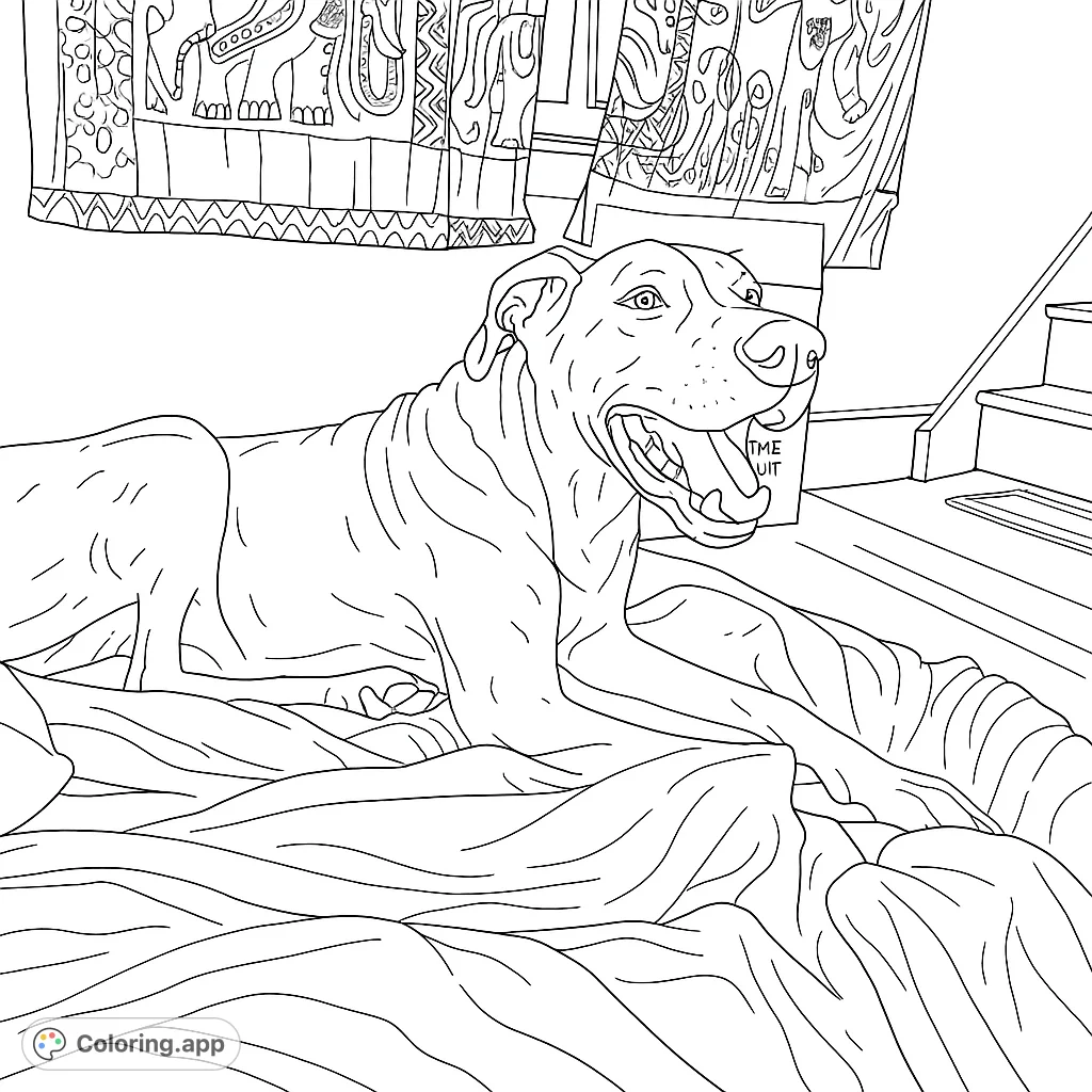 A majestic spotted dog rests comfortably on a soft bed, mouth open in a relaxed pose. Perfect for dog lovers to color and unwind.