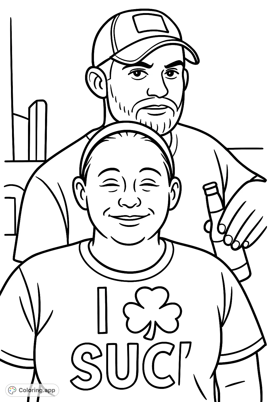A cheerful couple portrait featuring a woman in a shamrock shirt and a bearded man in a cap. Perfect for personalizing with your favorite hues.