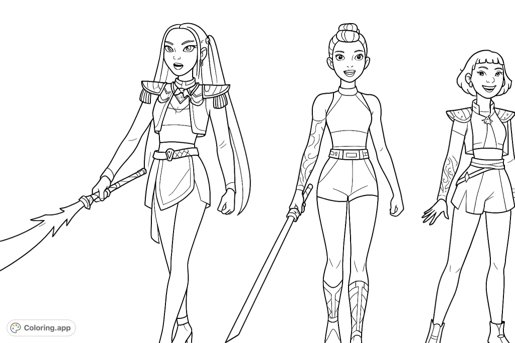 Three powerful futuristic heroines stand ready for action, wielding glowing weapons in a dynamic sci-fi scene. Perfect for fans of fantasy and adventure.