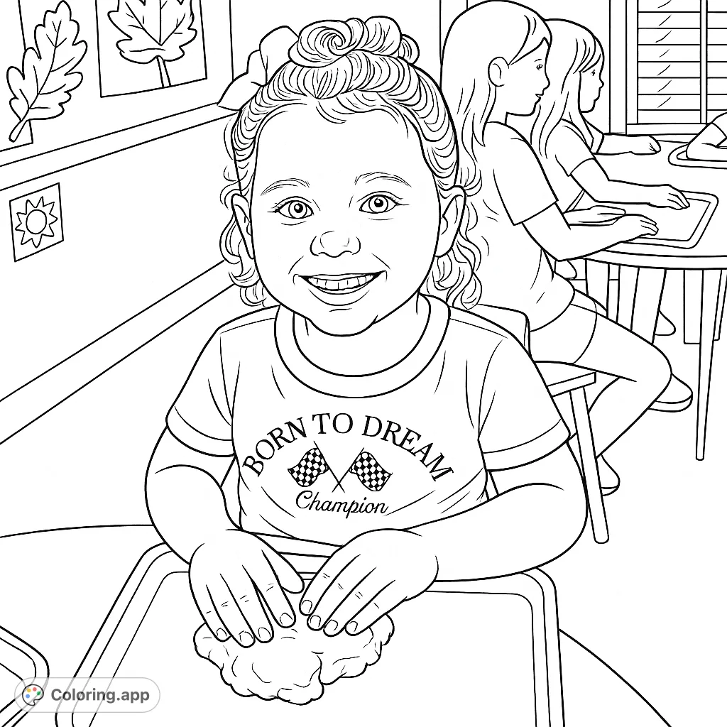 A joyful child smiles while playing with dough on a tray, surrounded by a classroom setting. Perfect for young artists to explore creativity and fine motor skills.