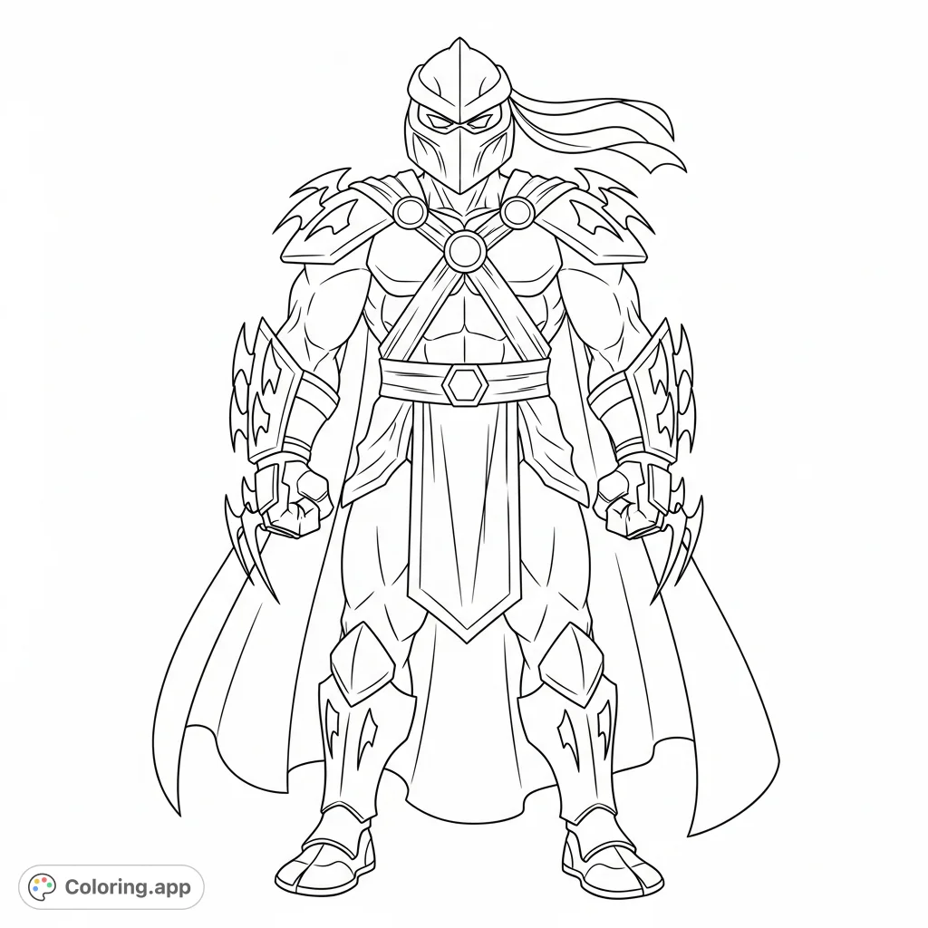 A detailed Shredder coloring page featuring the iconic villain in his full armored glory, complete with helmet, blade gauntlets, and flowing cape.