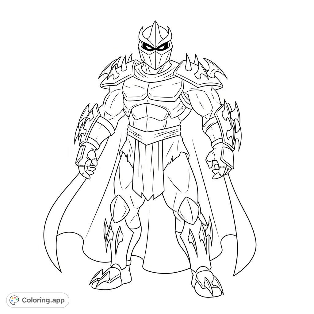 Unleash your creativity with this Super Shredder coloring page, featuring the iconic villain in his formidable spiked armor and flowing cape.