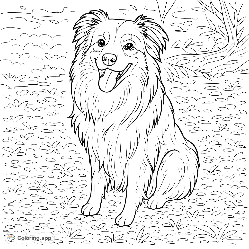 A cheerful, fluffy dog sits attentively in a natural outdoor setting, ready for a fun coloring adventure. Perfect for dog lovers of all ages.