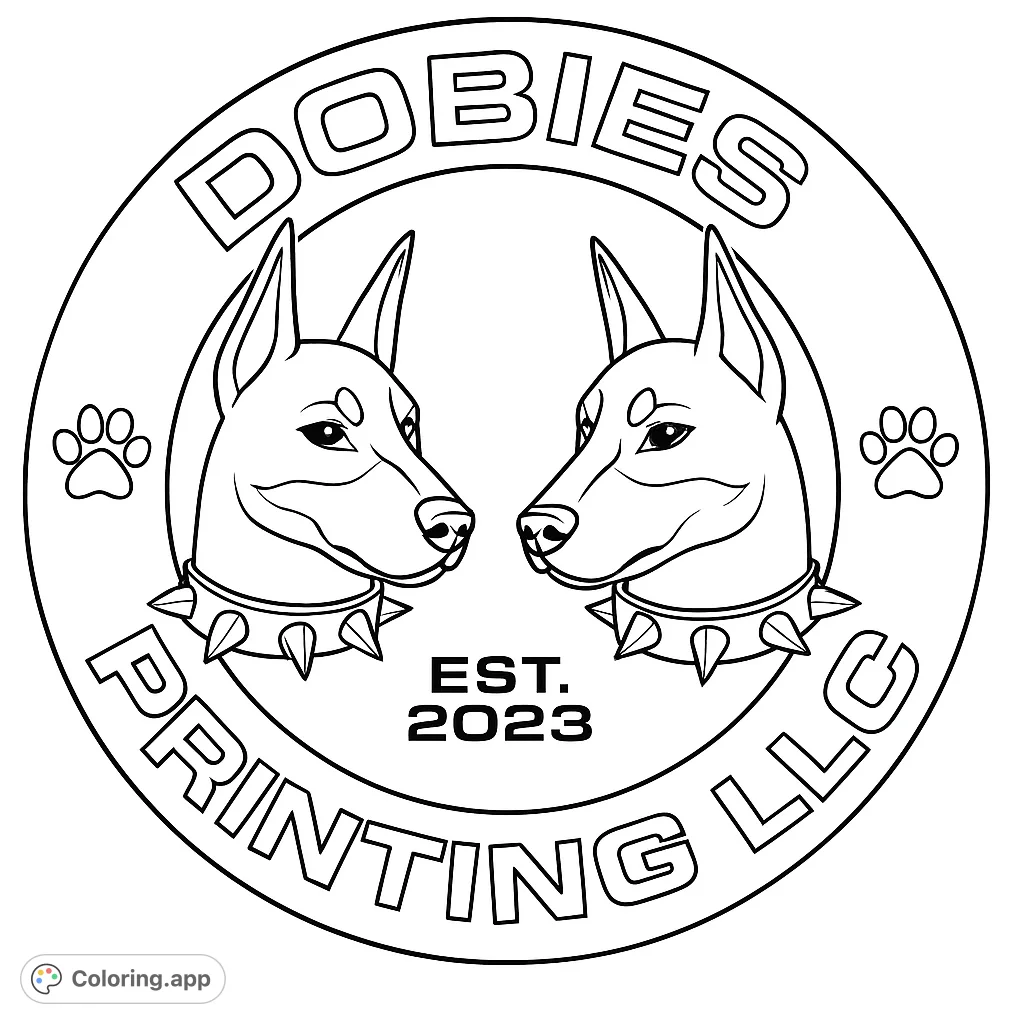 Color two fierce Doberman dog heads with spiked collars, framed in a bold circular emblem. Perfect for dog lovers and those who enjoy strong graphic designs.