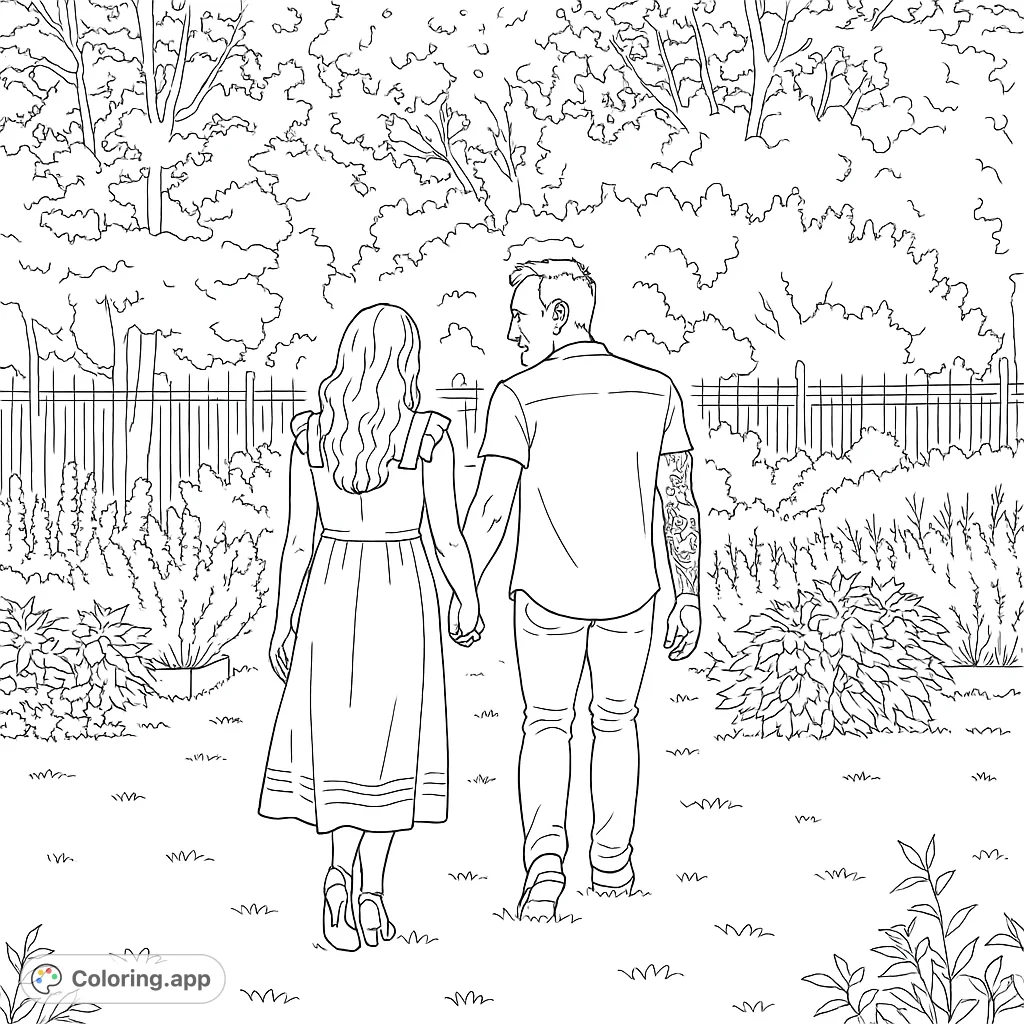 A romantic garden stroll featuring a couple holding hands amidst lush foliage. Perfect for celebrating love and nature with a personal touch.