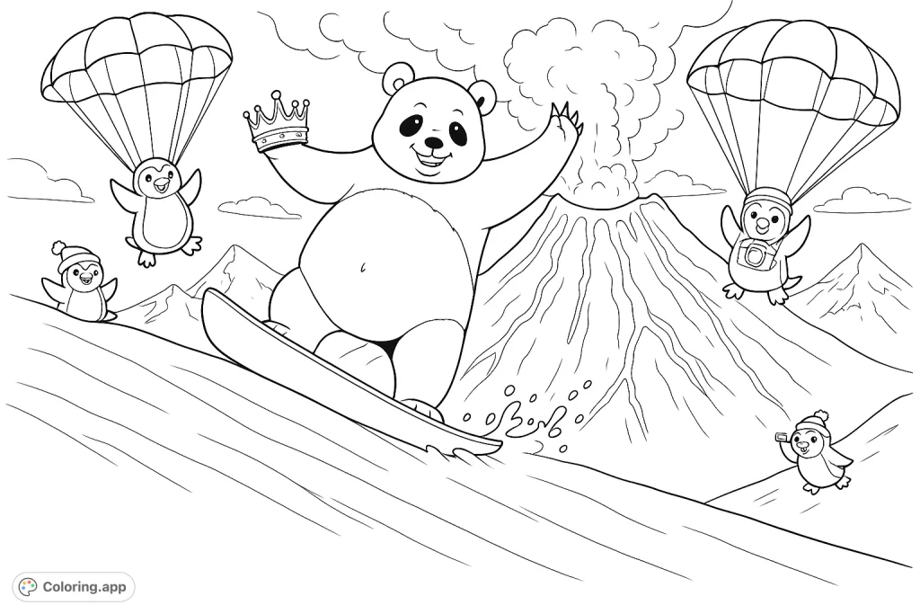 Join a snowboarding panda wearing a crown and adventurous penguins as they navigate a snowy slope with an erupting volcano in the background. A thrilling scene!
