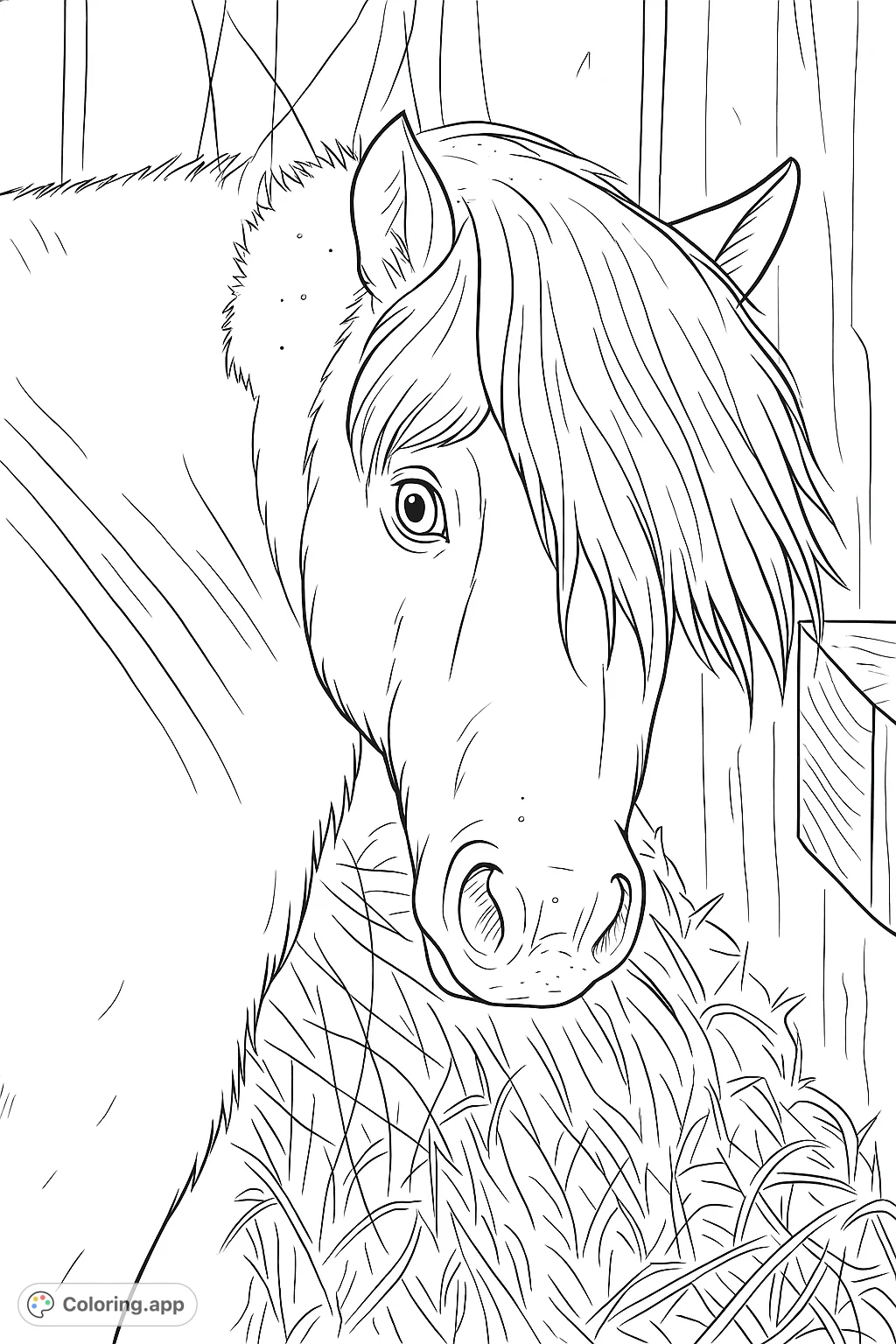 A charming horse with unique facial markings and a flowing mane, set against a rustic stable background, perfect for animal lovers.