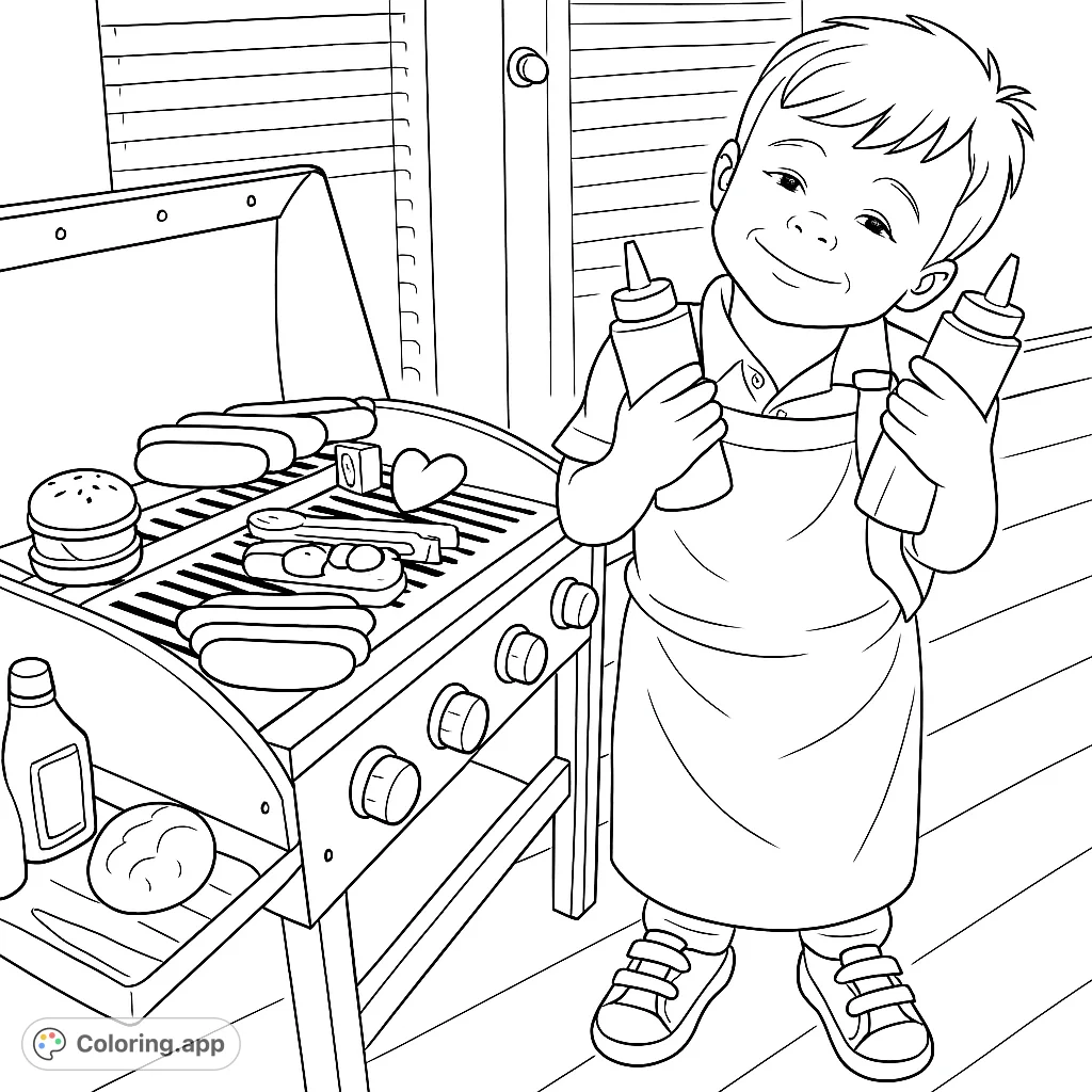 A delightful coloring page featuring a young chef ready to grill, holding squeeze bottles next to a toy BBQ with various foods. Perfect for imaginative play!
