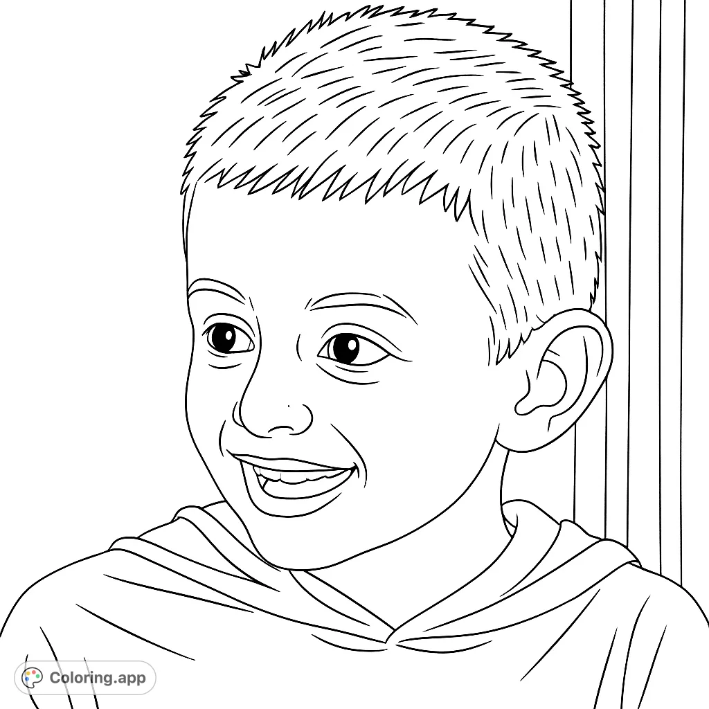 A charming portrait of a young boy with a joyful expression, perfect for personalizing with your favorite colors. A delightful child portrait coloring page.