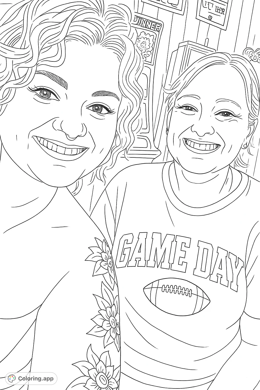 Capture the joy of friendship with this Game Day coloring page featuring two smiling women, one with a floral tattoo and the other in a sports-themed shirt.