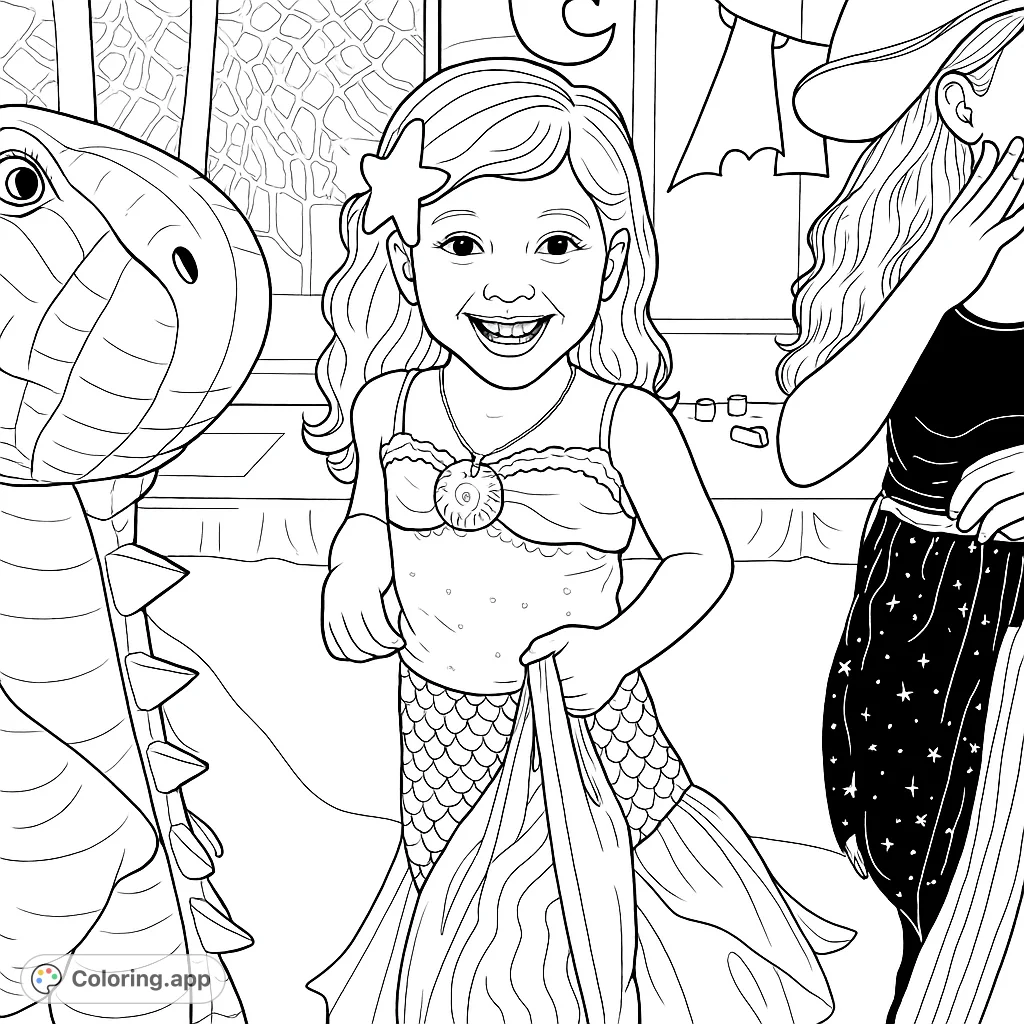 A joyful mermaid child with flowing hair and a seashell necklace, standing beside a friendly dinosaur, ready for a fun-filled party adventure.