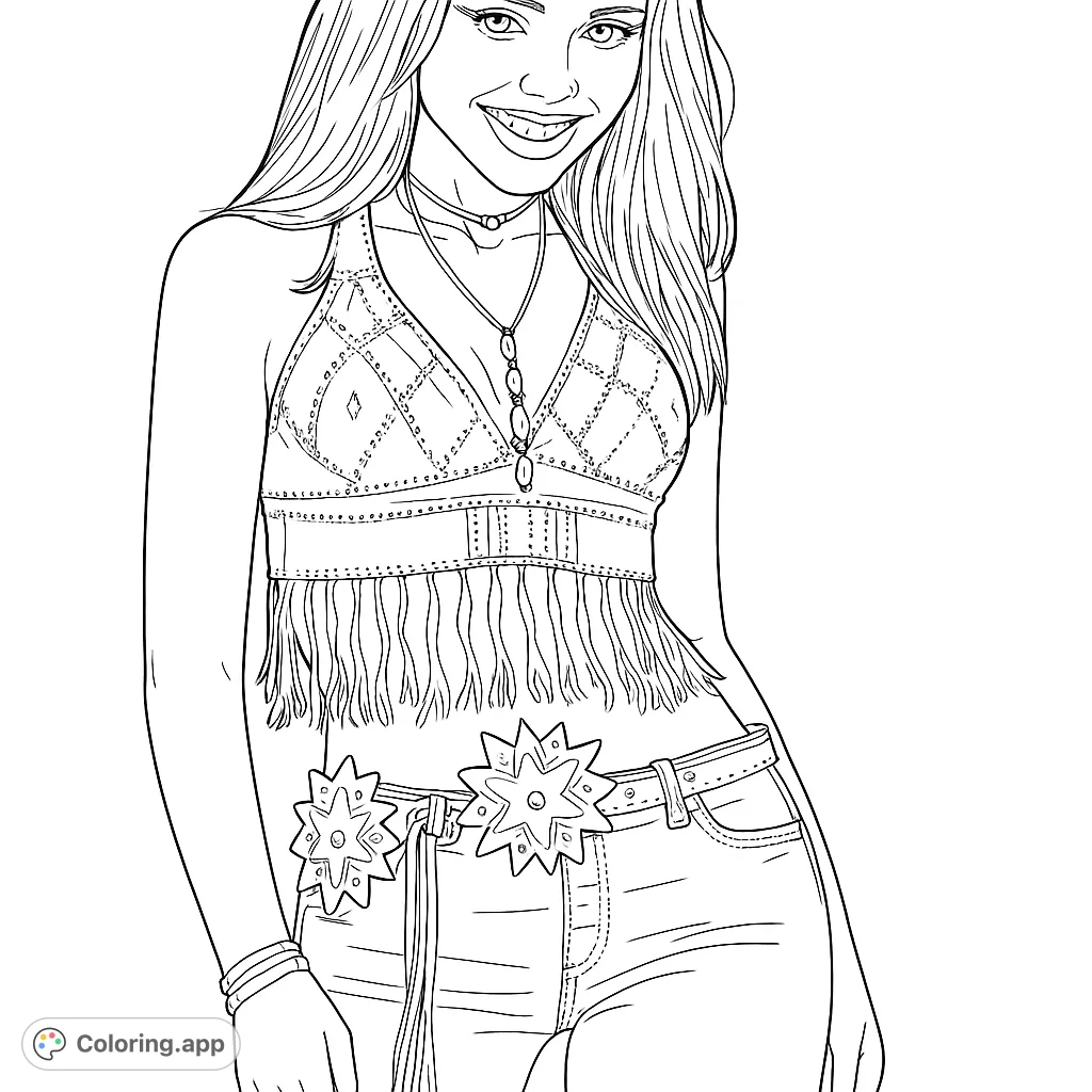 A stylish bohemian fashion coloring page featuring a fringed crop top, decorative belt with floral accents, and textured jeans. Perfect for fashion enthusiasts.