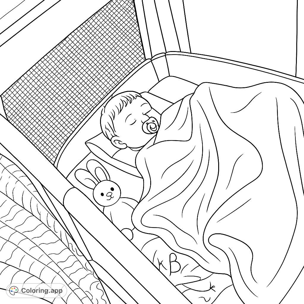 A sweet baby sleeps peacefully in a crib, pacifier in mouth, covered by a soft blanket. A charming scene for a relaxing coloring experience.