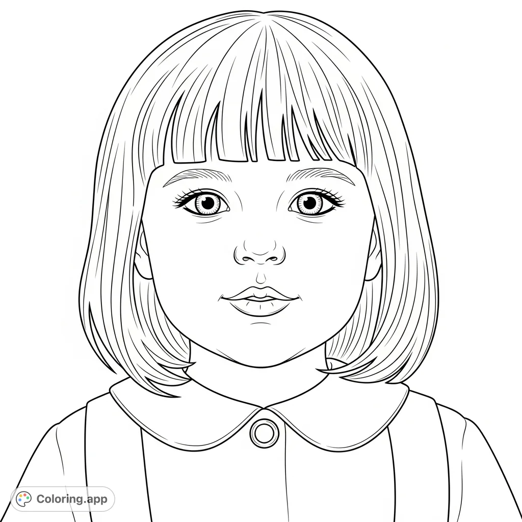 A heartwarming close-up portrait of a young child with a gentle gaze, featuring a collared top and framed by shoulder-length hair. Perfect for a child portrait coloring page.
