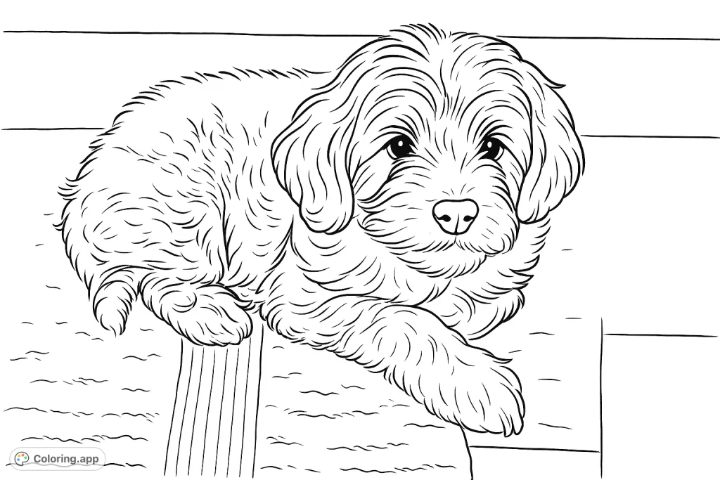 A charming fluffy puppy rests on a soft towel, offering a delightful and engaging coloring experience for all ages. Perfect for pet lovers!