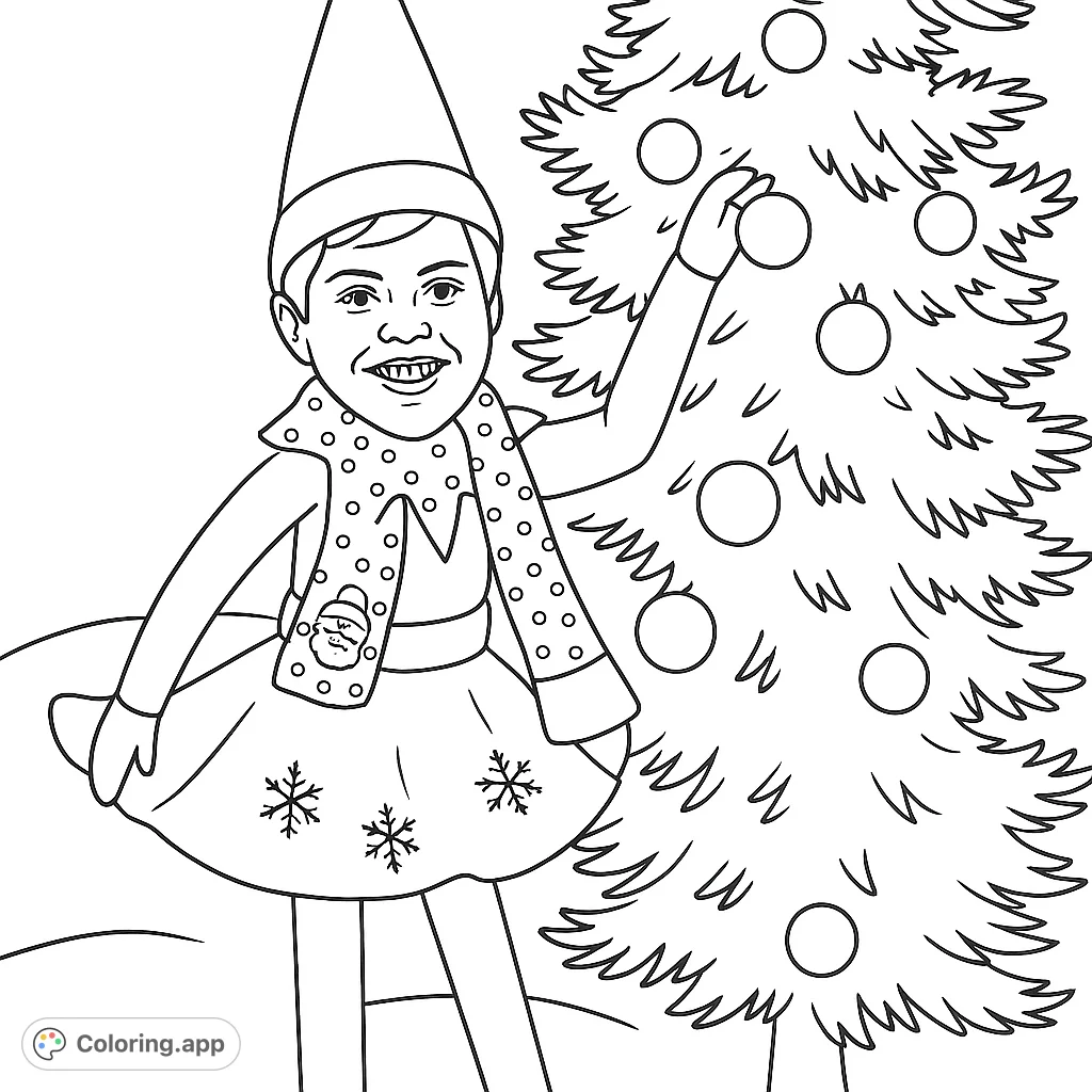 A cheerful elf figure with a human face decorates a festive tree adorned with ornaments and bows, set against a snowy, starry background. Perfect for holiday fun!