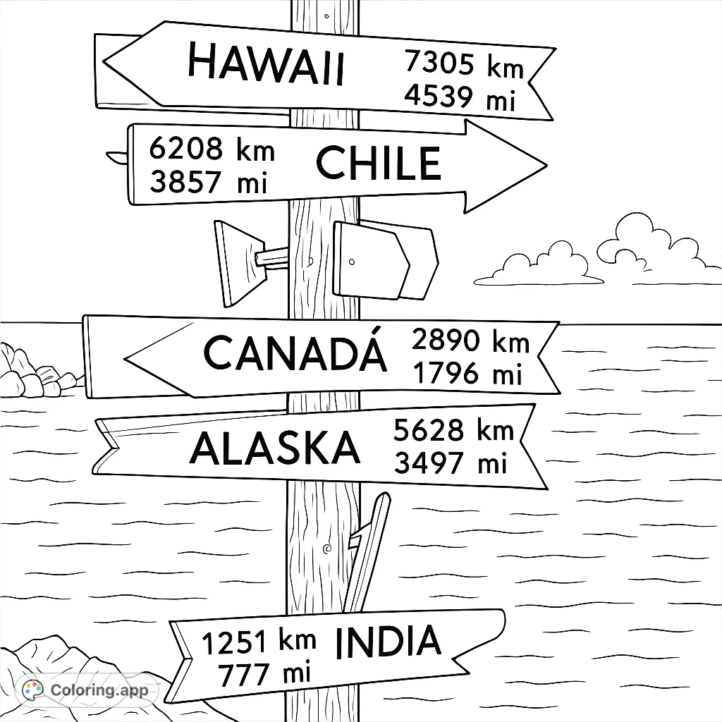 A unique signpost pointing to global destinations, set against a serene ocean and sky. Perfect for travel enthusiasts and dreamers.