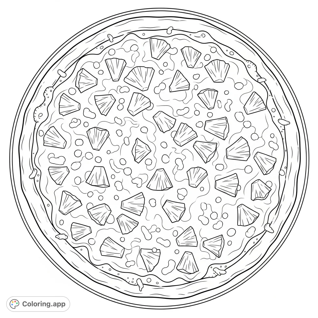 A delicious whole pizza loaded with extra melted cheese and sweet pineapple chunks, ready for a burst of creative colors.