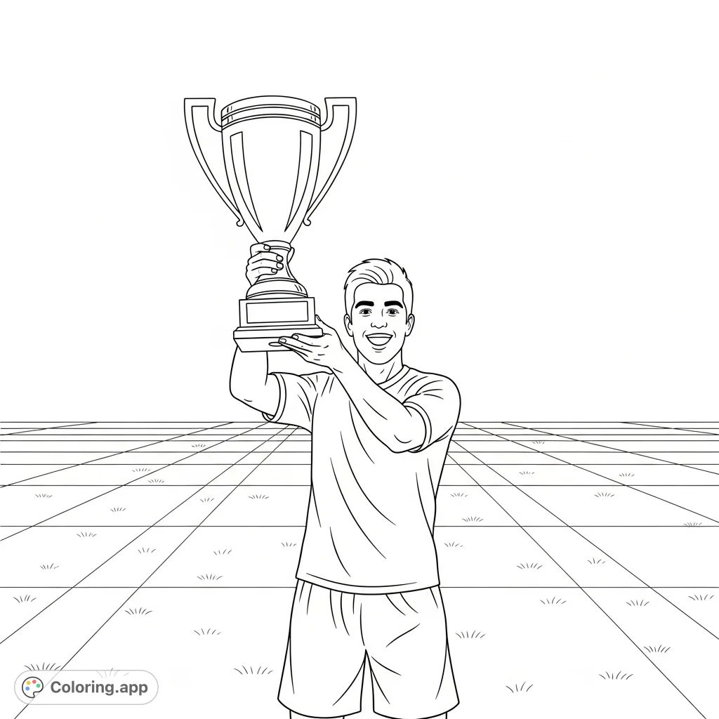 Celebrate victory with this free printable soccer player coloring page! A smiling athlete holds a gleaming trophy on a field, ready for your creative colors.
