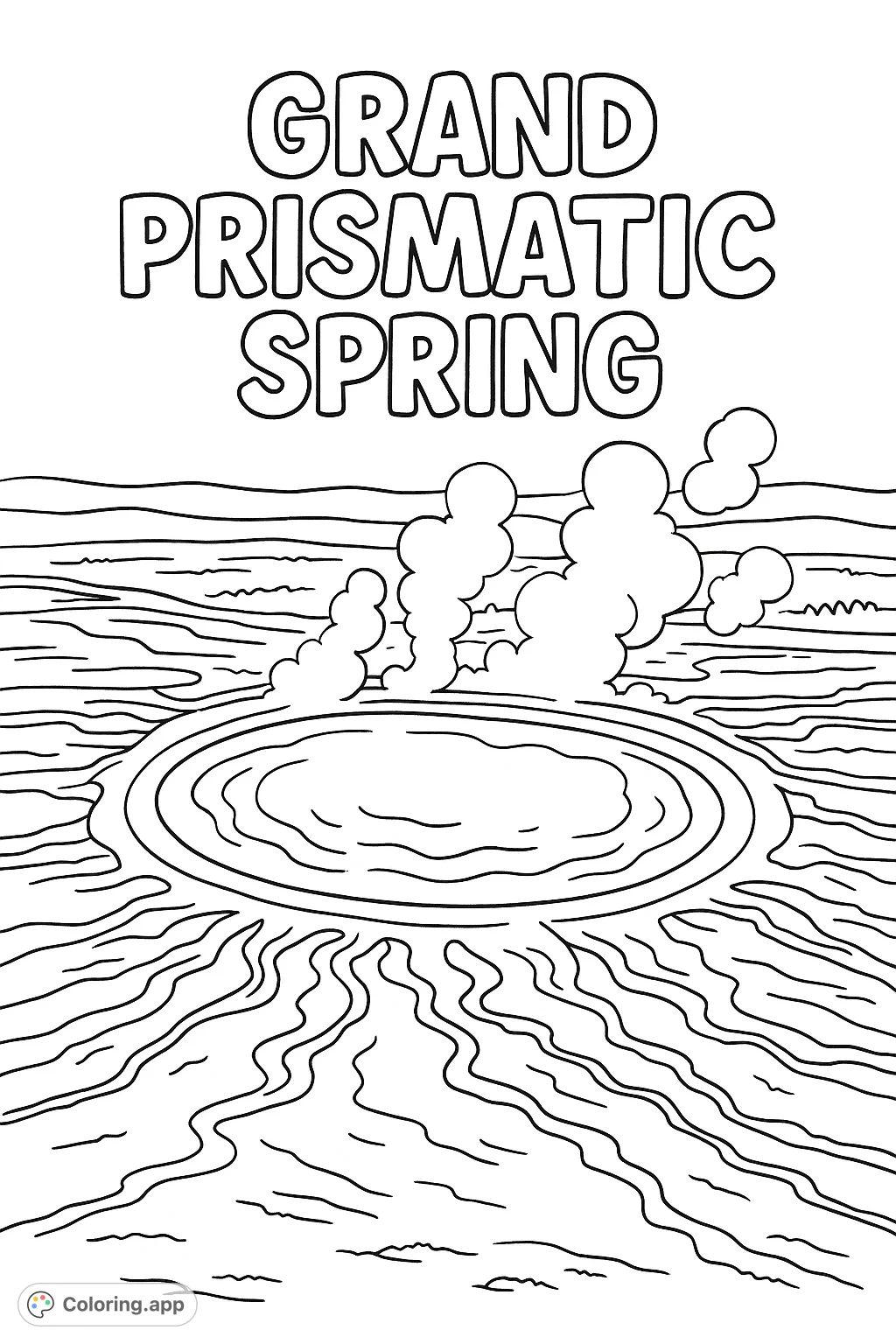 Explore the stunning Grand Prismatic Spring coloring page, featuring its iconic tiered pool and rising steam. A free printable nature coloring page for all ages.