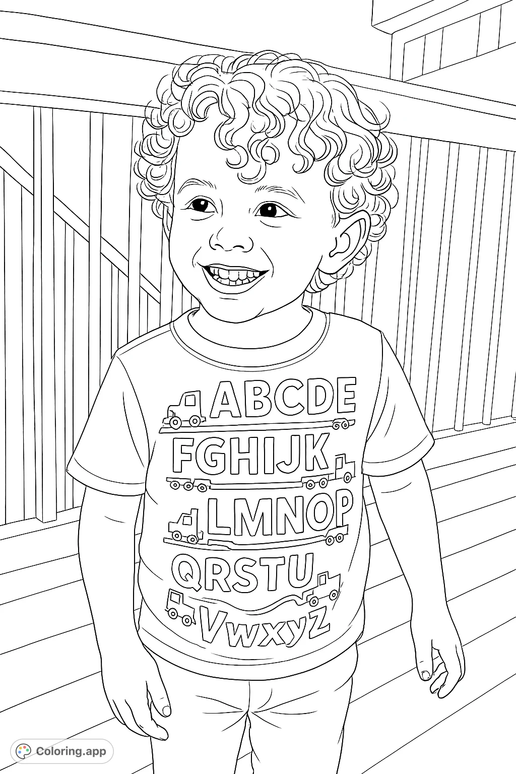 A joyful child with curly hair wears a shirt adorned with alphabet letters carried by trucks. A fun and educational coloring page for young learners.