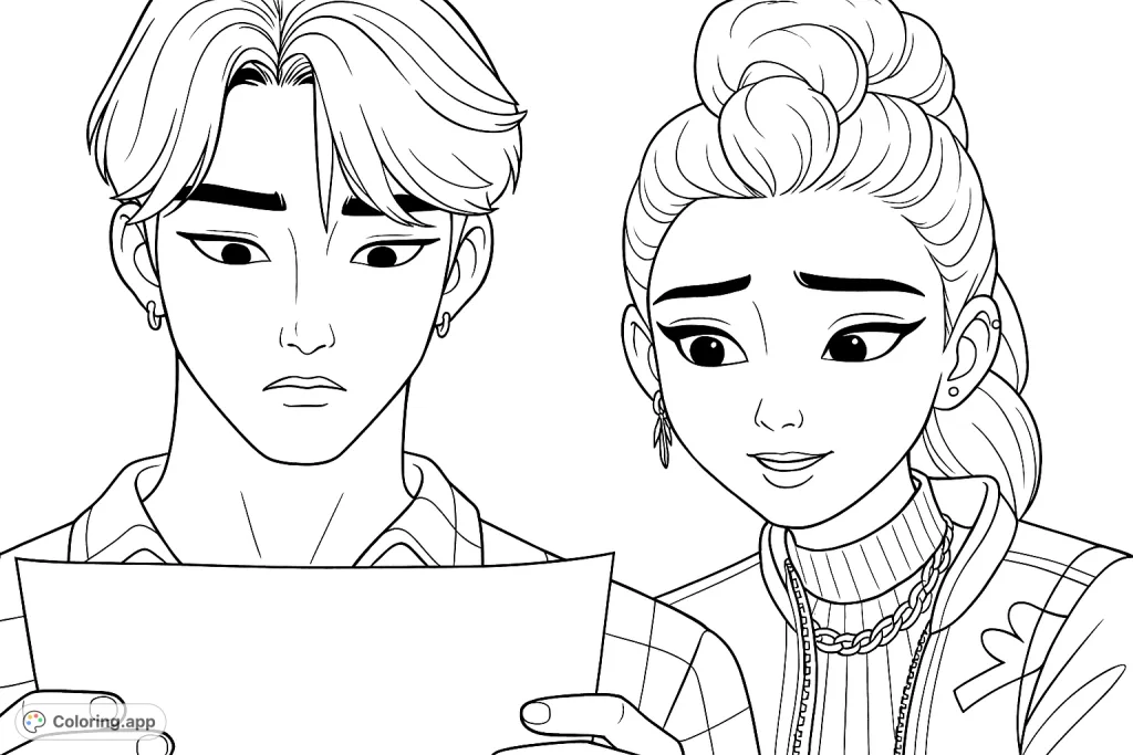 Color a stylish anime duo with intricate hairstyles, trendy outfits, and expressive faces. Perfect for fans of character design and modern aesthetics.