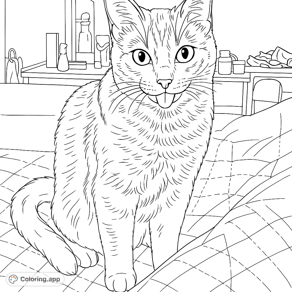 A charming cat sits on a patterned bedspread, playfully sticking its tongue out. This cute cat coloring page is perfect for animal lovers of all ages.