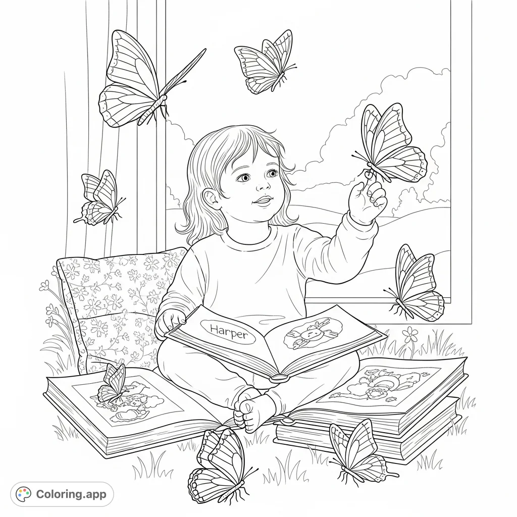 Join Harper on a whimsical journey through children's books, surrounded by delicate butterflies. A charming scene celebrating reading and nature for young imaginations.