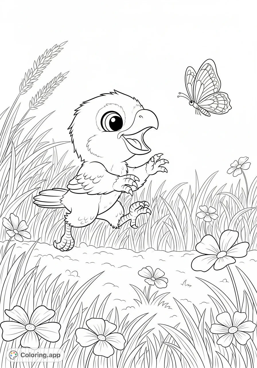 A delightful chibi baby raptor playfully chases a delicate butterfly through a field of tall grass and flowers. A charming scene for all ages.