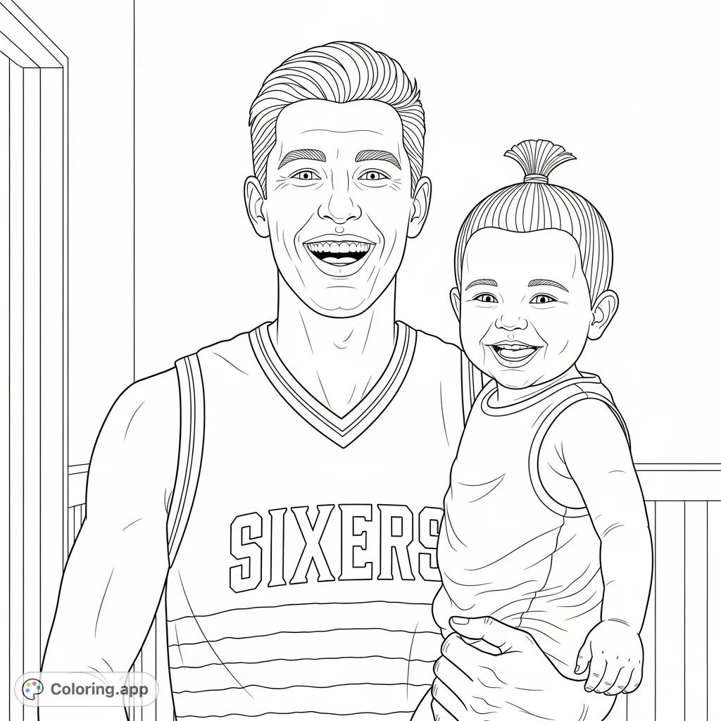Capture a heartwarming moment of a man holding a smiling child, featuring a 'SIXERS' shirt. A perfect family bonding coloring page for fans.