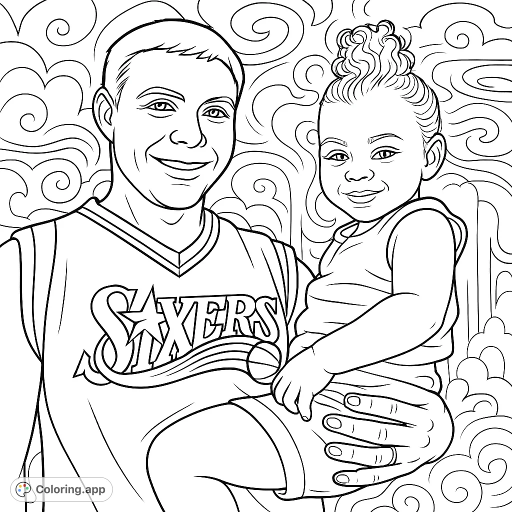 A heartwarming, surreal coloring page featuring a man holding a child, both smiling. Perfect for family themes and creative expression.