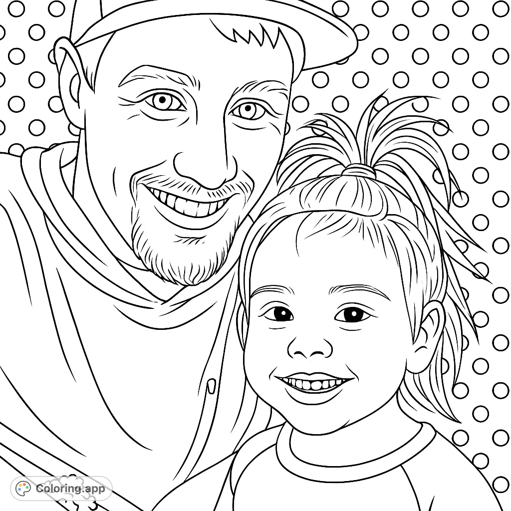 Capture a heartwarming moment with this father and daughter coloring page. Features two smiling faces and a cafe-like background with a fun polka dot pattern.